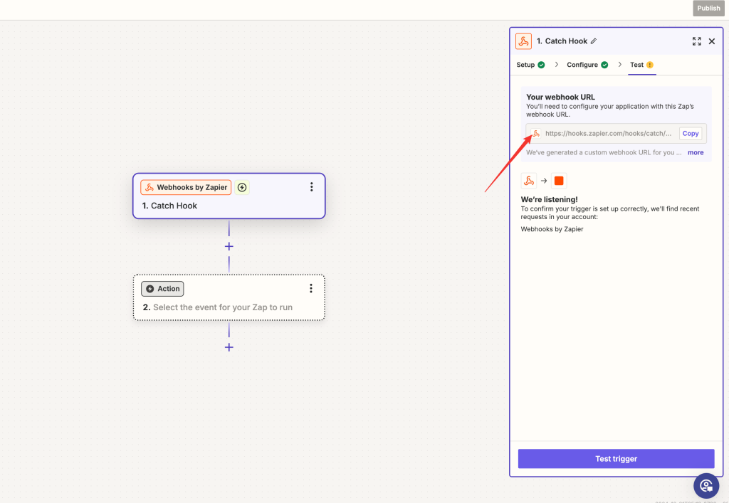 在test步骤复制Webhook URL。