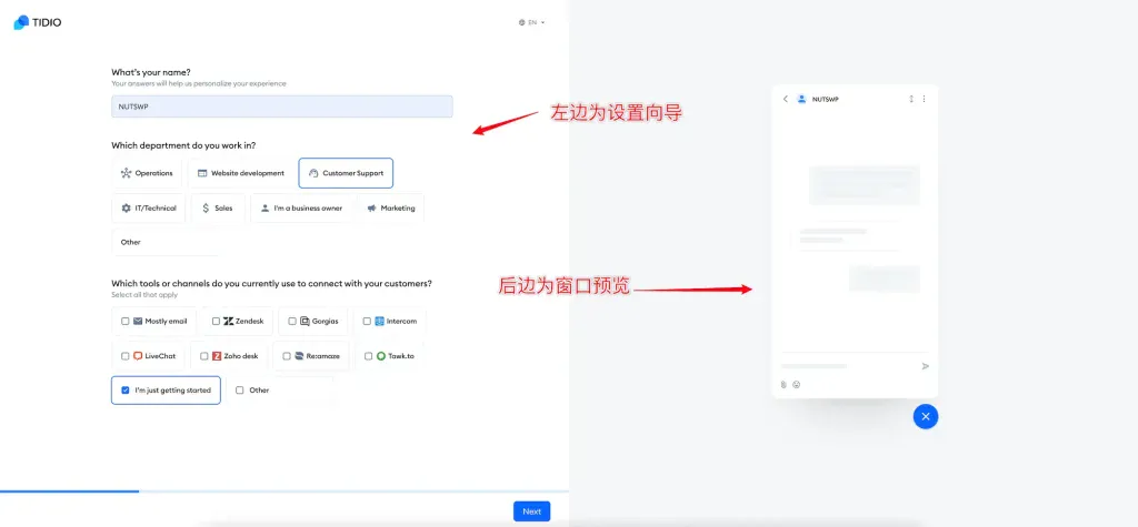 Tidio聊天工具的设置向导和预览效果 - 添加Tidio实时聊天到WordPress网站 - NUTSWP