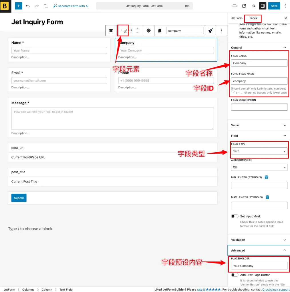 Company字段设置 - 超强免费插件Jet Form Buider制作B2B询盘表单教程 - NUTSWP