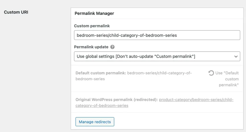 Permalinks Manager还可以实现在某一个产品编辑或者某一个产品分类编辑的Custom URL选项中直接修改对应页面的URL - Permalinks Manager重构自定义内容固定链接结构 - NUTSWP