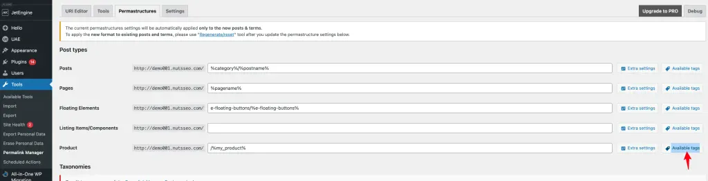 在Permalinks Manager插件的Permastructures标签卡下面的Product选项后面点击 Available tags按钮。